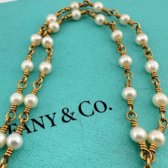 RARE Vtg. Tiffany & Co. 18k Pearl Twist Lariat Necklace 16" Yellow Gold - Picture 5 of 9